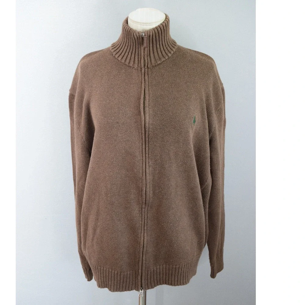 Polo Ralph Lauren Full Zip Sweater XXL Brown Cotton Mock Neck Mens Pony Logo